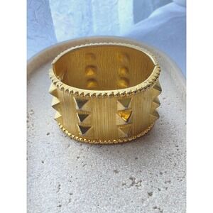 Gold Tone Pyramid Stud Wide Cuff Bangle Bracelet Clamp Brutalist‎ Modernist